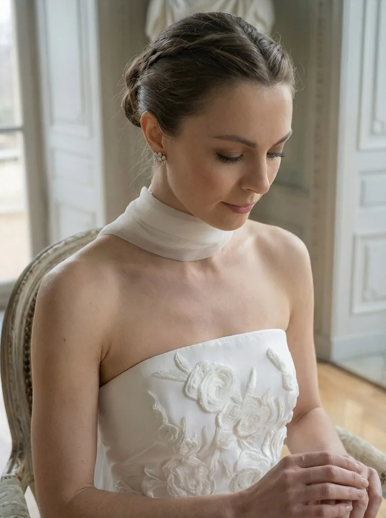 Bride in an embroidered white strapless gown, seated in a bright classical interior