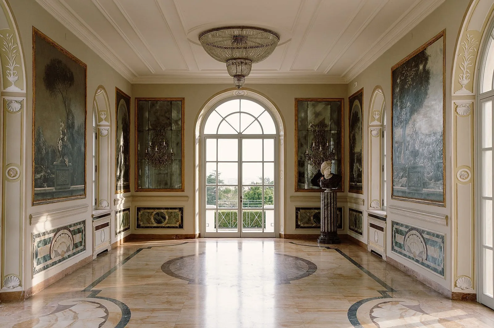 Villa Miani, Rome – grand interior hall and arched glass door